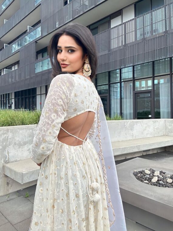 Designer Gown Mirror Work with Embroidery Sequence Thread Work 2 Piece Set 