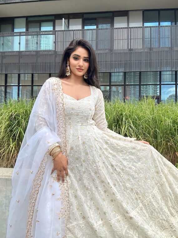 Designer Gown Mirror Work with Embroidery Sequence Thread Work 2 Piece Set 