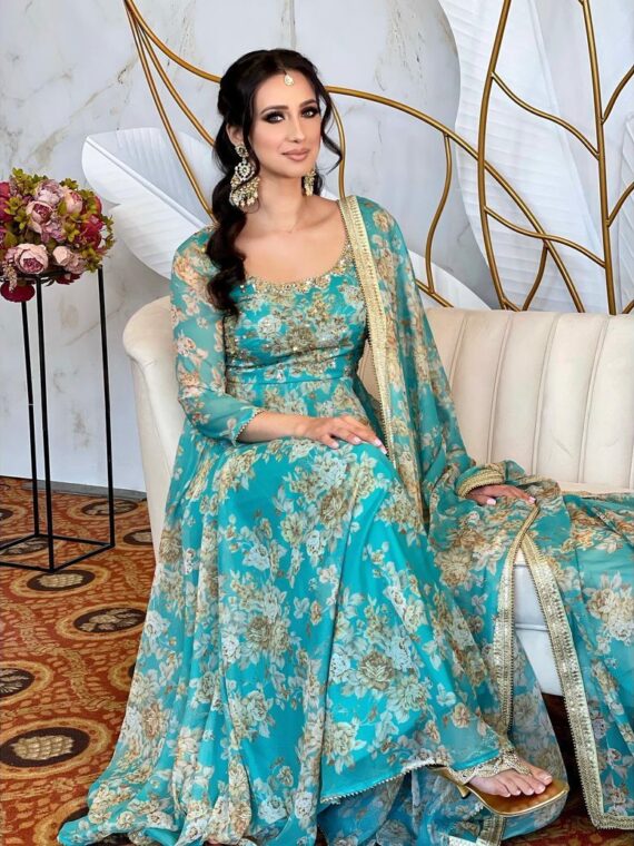 Bollywood Designer Embroidery Print Georgette Fabric Gowns 2 Piece Set