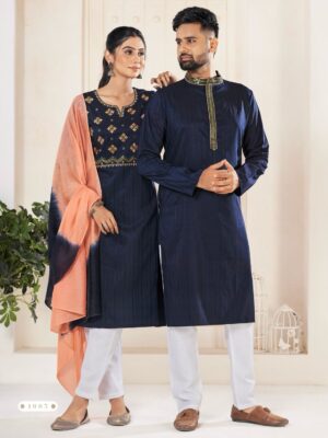 Couple Kurta Pant and Kurti Set Weaving Stripe Embroidery 5 Piece Set