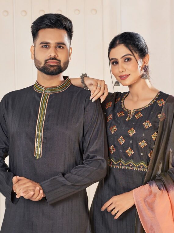 Couple Kurta Pant and Kurti Set Weaving Stripe Embroidery 5 Piece Set