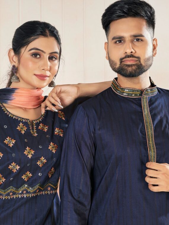 Couple Kurta Pant and Kurti Set Weaving Stripe Embroidery 5 Piece Set
