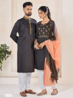 Couple Kurta Pant and Kurti Set Weaving Stripe Embroidery 5 Piece Set