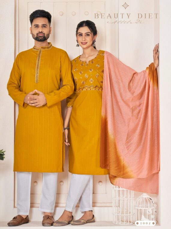 Couple Kurta Pant and Kurti Set Weaving Stripe Embroidery 5 Piece Set