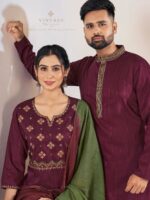 Couple Kurta Pant and Kurti Set Weaving Stripe Embroidery 5 Piece Set