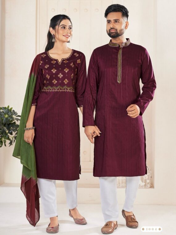 Couple Kurta Pant and Kurti Set Weaving Stripe Embroidery 5 Piece Set