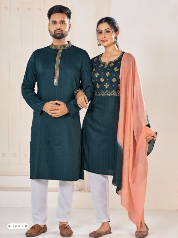 Couple Kurta Pant and Kurti Set Weaving Stripe Embroidery 5 Piece Set