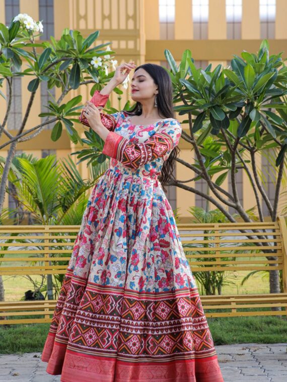 Premium Designer Banarasi Silk With Kalamkari Print & Jacquard Weaving Patta Work