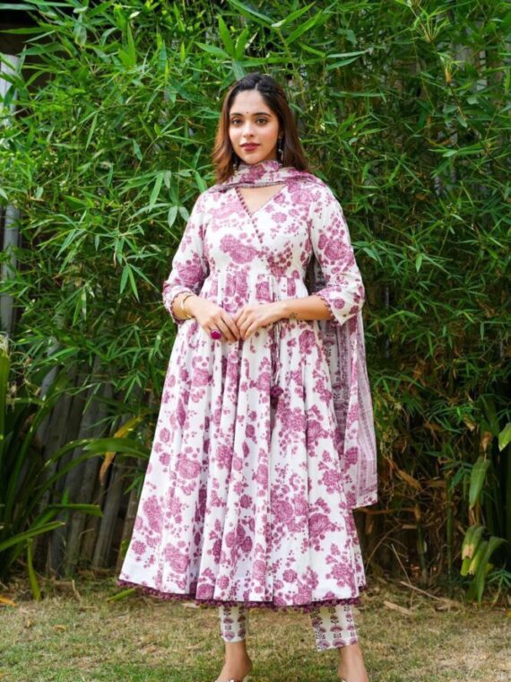 Anarkali with Beautiful Print with Pom Pom lace on back 3 Piece Set