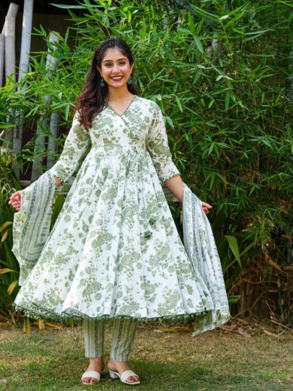 Anarkali with Beautiful Print with Pom Pom lace on back 3 Piece Set