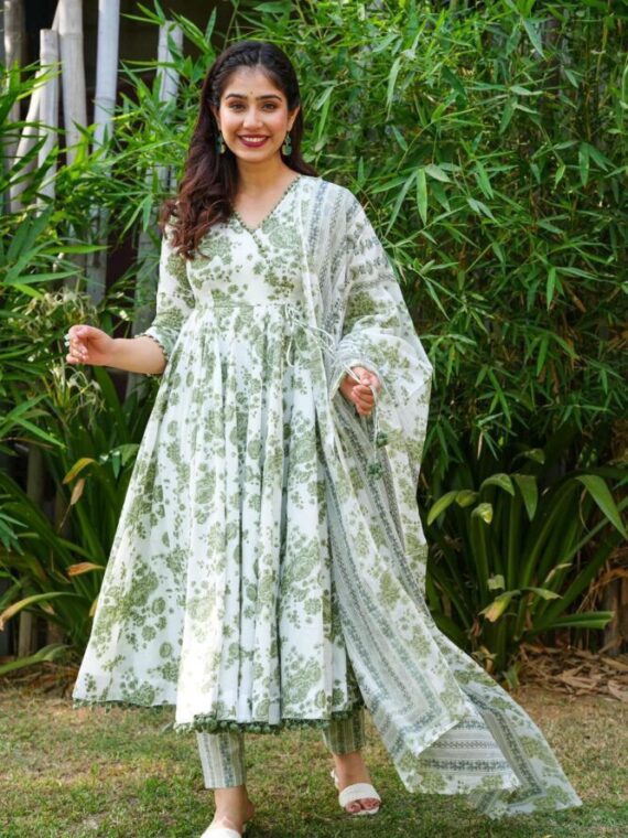 Anarkali with Beautiful Print with Pom Pom lace on back 3 Piece Set