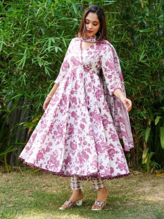 Anarkali with Beautiful Print with Pom Pom lace on back 3 Piece Set