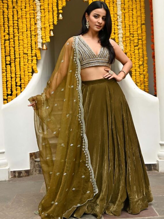 Velvet Lehenga Choli with Embroidery Sequence work 3 Piece Set