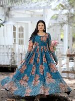 Designer Gown luxury Faux Georgette Floral printed With Zari Thread & Sequins Embroidery.