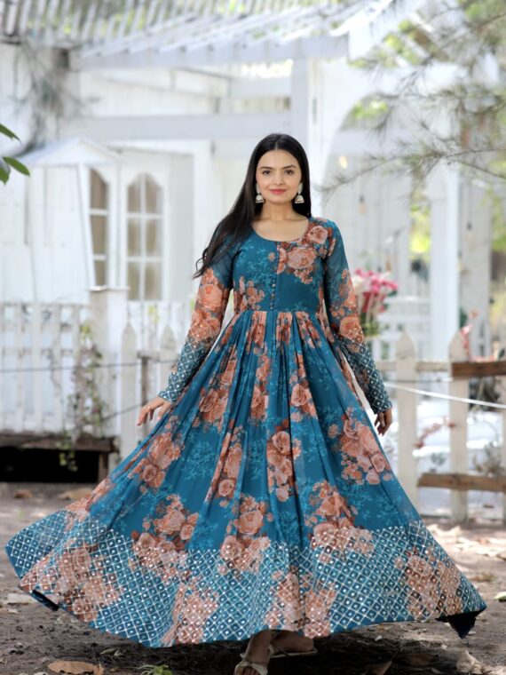 Designer Gown luxury Faux Georgette Floral printed With Zari Thread & Sequins Embroidery.