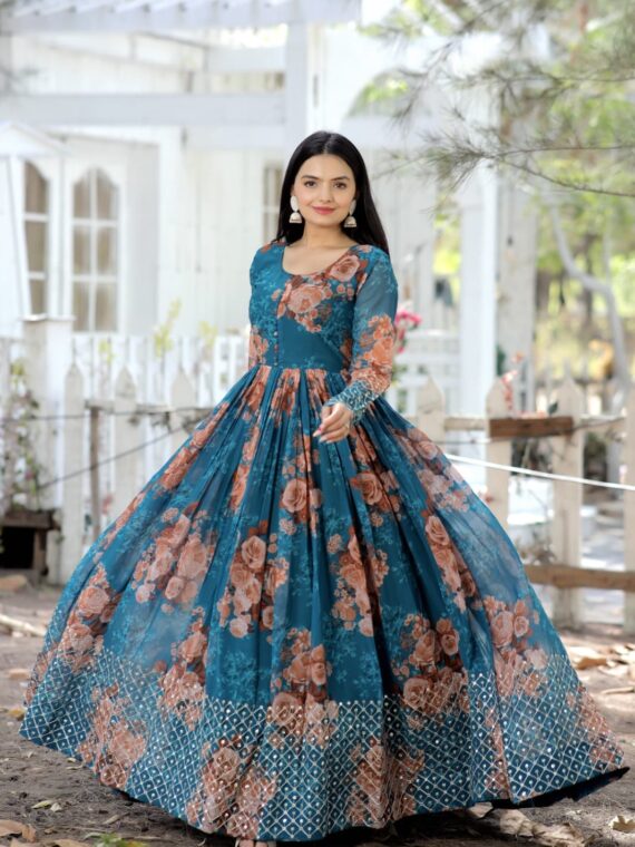 Designer Gown luxury Faux Georgette Floral printed With Zari Thread & Sequins Embroidery.