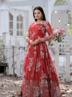 Designer Gown luxury Faux Georgette Floral printed With Zari Thread & Sequins Embroidery.