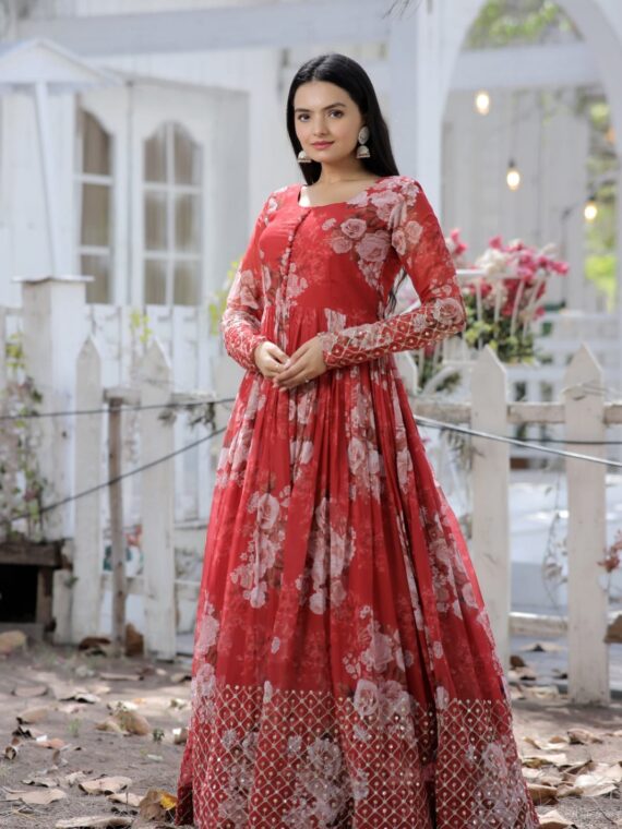 Designer Gown luxury Faux Georgette Floral printed With Zari Thread & Sequins Embroidery.