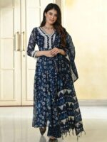 Anarkali Kodi Work Pure Cotton Kurti Pant With Cotton Dupatta 3 Piece Set