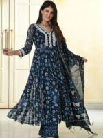 Anarkali Kodi Work Pure Cotton Kurti Pant With Cotton Dupatta 3 Piece Set