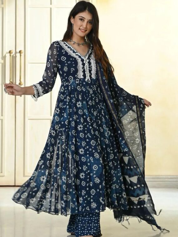 Anarkali Kodi Work Pure Cotton Kurti Pant With Cotton Dupatta 3 Piece Set