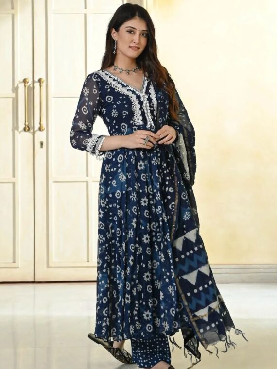 Anarkali Kodi Work Pure Cotton Kurti Pant With Cotton Dupatta 3 Piece Set