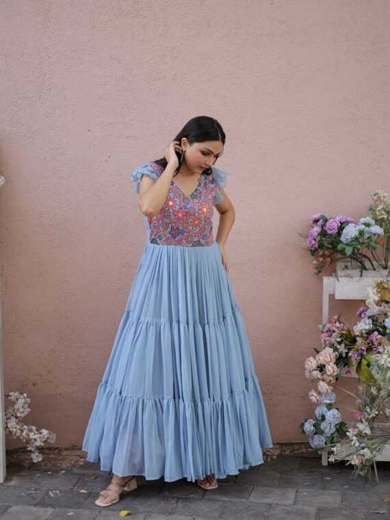 Premium Designer Gown Faux Georgette With Rich Floral Print work