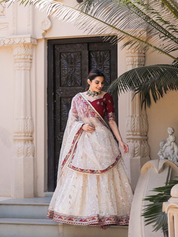 Organza Lehenga Choli Decorated with Trendy Embroidery Sequence 3 Piece Set